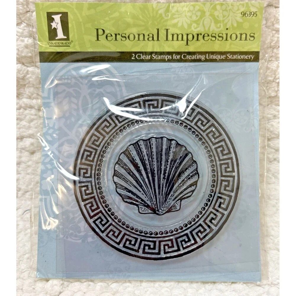 Inkadinkado 2 Clear Stamps Seashell & Greek Key Circle Personal Impressions NWOT
